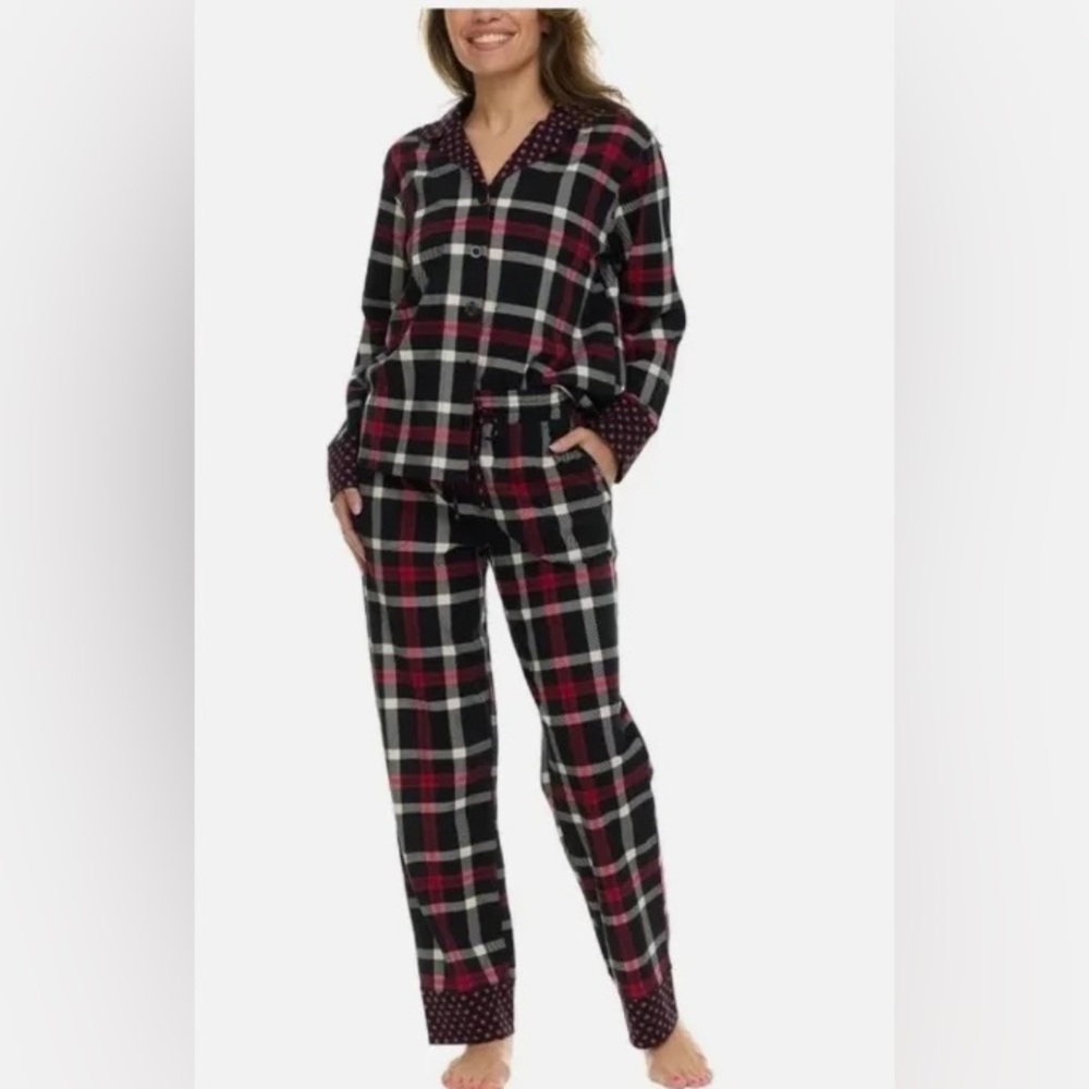 Vera Bradley Black Plaid Long Sleeve Button-Up Top & Pants‎ Cotton Pajama Set